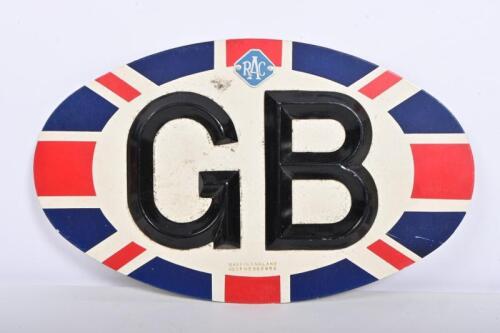 RAC: A set of black painted Great Britain 'GB' letters by the RAC, mounted on an oval union jack plate, 15 x 24cm