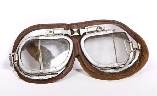 GOOGLES: A pair of vintage motorcycle glasses, plated copper, leather and foam, no headband, 19cm across