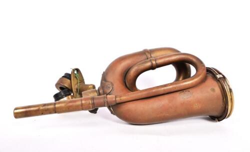 LUCAS: A Lucas brass bulb horn, #38, registeration number 480457, with mounting bracket and bushes, 33cm long