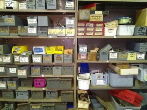 WORKSHOP: Contents of two metal shelving units, mainly bolts, washes, nuts, brass fittings