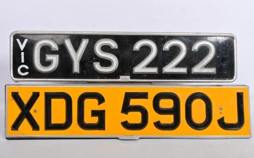 REGISTRATION PLATES: Two vintage UK registration plates with raised lettering