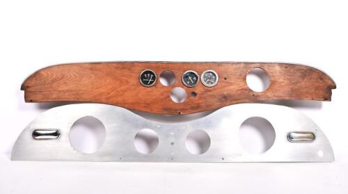 DASHBOARD: Two dashboards, one alloy (to suit MG T or pre-war vehicle), other in plywood, plywood fitted with three gauges, one a water temp gauge by Denso, AMPS gauge by Smiths, oil pressure guage by SW, both dashboards with width of approximately 105cm