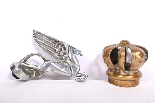 A chrome Amilcar Pegasus&nbsp;bonnet mascot and a brass crown form radiator cap, the&nbsp;cap 7cm high