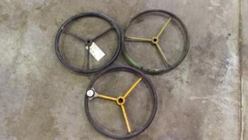 STEERING WHEELS: Three large flat steering wheels likely for John Deere, 44.5cm diameter