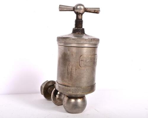 PUMP: An early German nickle plated brass 'Zur Wasserpumpe' threaded water pump chamber, 14.5cm long