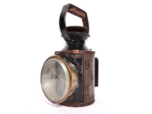LAMP: An early British Rail metal and beveled edge glass railway lamp, embossed to side 'BR', 28cm high