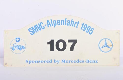 RALLY PLATE: A 1995 Swiss SMVC Alpenfahrt rally participant plate number 107, 20 x 45cm