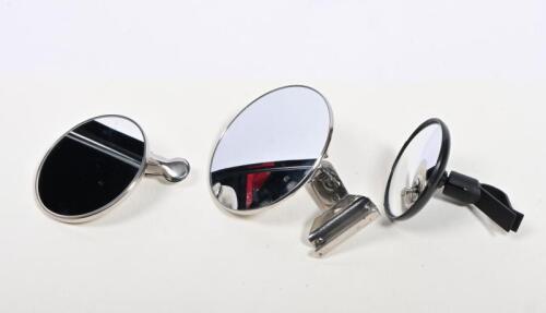WING MIRRORS: Three clamping chrome wing mirrors, NOS, 7.5, 9 and 10.5cm diameters