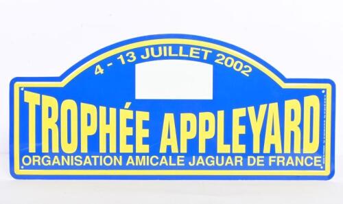 RALLY PLATE: A 2002 Trophee Appleyard (Ian Appleyard) rally participant plate, screen printed on aluminium plate, 21 x 30cm