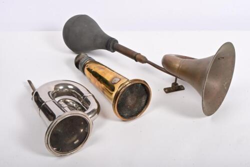 HORNS: Three Edwardian car horns, including Lucas, two brass and one nickle on brass, longest 41cm