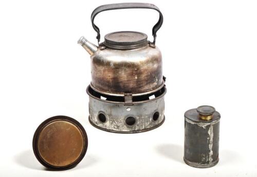 SIRRAM: A Sirram "The Wasp" motorists alcohol burning stove and kettle, comprising a kettle, kettle stand, burner and alcohol can, the kettle 16cm high