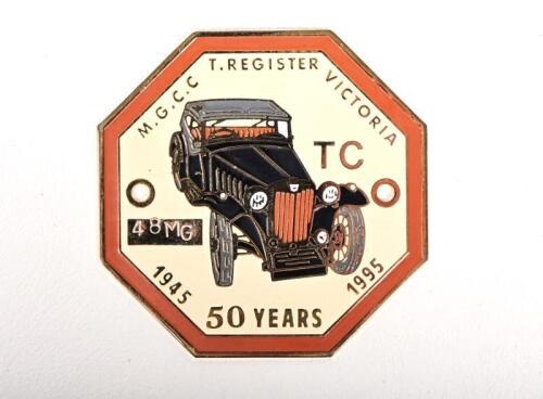 MG TC: A 1995 MGCC T. Register Victoria commemorative 50 years, enamelled brass, 7.5cm diameter