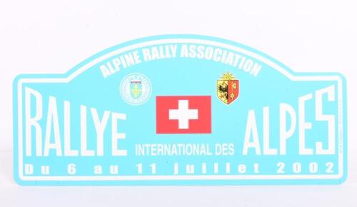 RALLY PLATE: A 2002 Rally International Des Alpes participant plate, printed on aluminium plate, 19.5 x 43cm