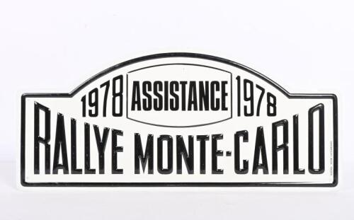RALLY PLATE: A 1978 Rallye Monte-Carlo Assistance plate, embossed and printed on aluminium plate by Kroma, 20.5 x 46cm