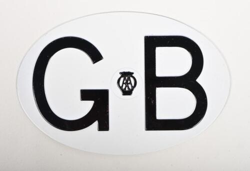 AA: A circa 1970s Great Britain 'GB' international letter plate by the AA, alloy, black on white background, 12 x 18cm high