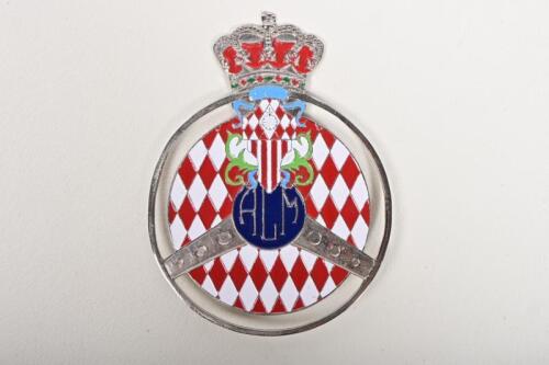 MONACO: A Monaco car badge, enamelled Argent and Gules design, crown to top, nickel on brass, 9cm diameter.