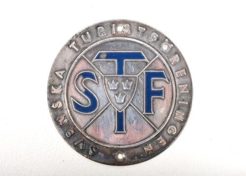 STF: A vintage Swedish Tourist Agency "Svenska Turist Foreningen" car badge, enamelled chrome on brass, 8cm diameter