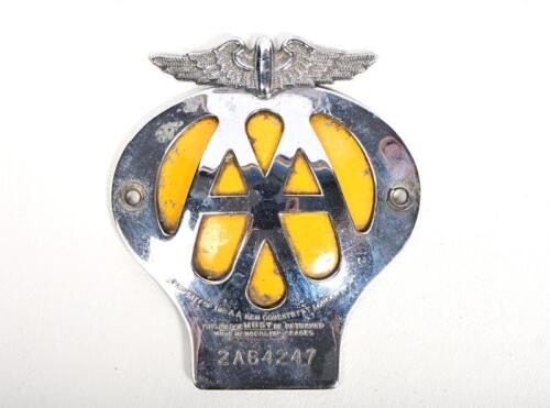 AUTOMOTIVE ASSOCIATION: A circa 1970s Automobile Association AA, chrome on brass with yellow painted pressed metal back, membership no 2A64247, 10.5cm high