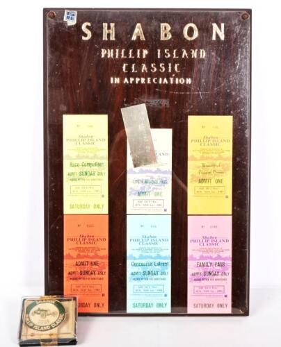 SHANNONS: A Shabon 'Shannon's' Phillip Island Classic in Appreciation board with enamel used badge