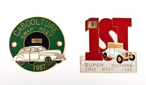 SWAP MEET: A 1990 Super Southern Swap Meet (Ballarat) #5 and Caboolture #19 enamelled comemorative badges