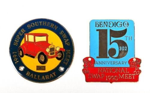 SWAP MEET: A 1991 Super Southern Swap Meet (Ballarat) #6 and 1990 Bendigo #302 enamelled comemorative badges