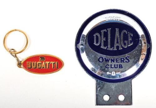 LOU MOLINA: A Bugatti key ring numbered and reading return to 'Molina Anchor & Hope Tavern', together with a Delage Owners Club of Droit #154 on reverse