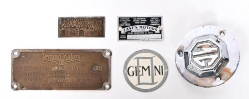 BADGE/PLAQUES: A group of four plaques and one badge including a 'MG TC' steering wheel badge, 'Leyland Motors Ltd' brass engine plaque, plaque numbered '4998', brass 'MORRIS MOTORS Ltd RADIATORS BRANCH, OXFORD' core plate, number stamped '12505', '00004'