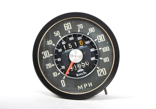 JAEGER: A British Jaeger 120 MPH/KPH speedometer (SN 5341/00), black face with white dials, drive to base, with mounting screws, overall diameter of 10cm