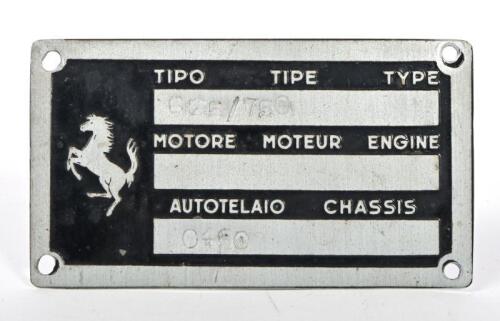 FERRARI: A Ferrari reproduction body plate for a 625 or 750, stamped '625/750' under 'TIPO' and '0460' under AUTOTELAIO; with mounting holes.
