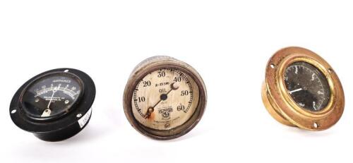 GAUGES: A group of three gauges including a 1920's SMITH'S oil pressure gauge, lacking front cover piece, ROLLER-SMITH CO. AMPERES gauge, together with TOMEY brass pressure/boost gauge, largest gauge with diameter of approximtely 7cm including surround