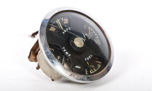 JAEGER: A Jaeger Riley fuel, temp, amps, oil multi gauge, with Smiths motors, gauge glass cracked; overall diameter of approximayely 13cm including chrome surround