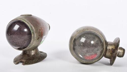 SIDE LAMPS: Two 1920's side lamps for running boards including one stamped 'BROWN BROTHERS 'Duco'', London, other unbranded, both nickeled brass with clear lenses.