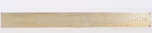 CONNAUGHT: A brass 'CONNAUGHT COACHWORK HOWARD GODFREY & CO.LTD' building plaque; measures approximately 37cm wide, 3.5cm high