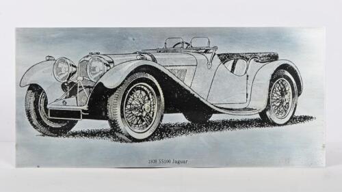 JAGUAR: A steel plate with etching of a 1938 Jaguar SS100, plate with measurements of 43cm wide, 19.5cm high