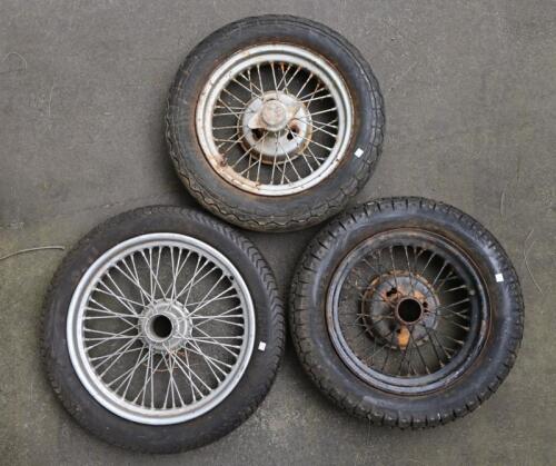 AUSTIN: Three Narrow wire wheels believed to be austin 7,19 and 16inch, with tires