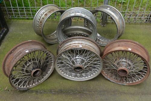 WIRE Wheels: Three spoked wheels 39cm Diamater and 4 rims with triple laced holes, 39cm diameter