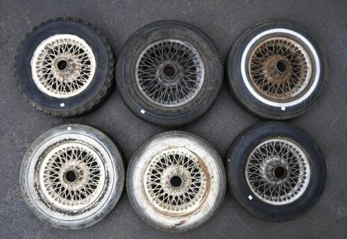 WIRE WHEELS; A Collction of six 13 and 14 inch' various wire wheels with hard tires