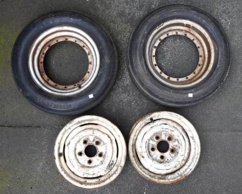 WHEELS: Four wheels and tires including two, "two-piece" 13 inch' rims with tires and two 5 stud rims