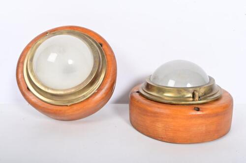 VICTORIAN RAILWAYS: Two early decorative&nbsp;original suburban carriage lamp, comprising wooden base, brass ring and frosted glass shade, 21cm diameter
