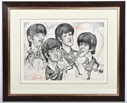 BEATLES: A rare printed and signed caricature of the 'The Beatles' by Australia artist Tony Rafty (1915 - 2015).&nbsp; This artwork was created in 1964 in Sydney, at the time of the Beatles Australian / World Tour. Hand signed by all band members