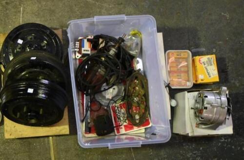 MUSTANG: A collection of miscellaneous parts, mainly Ford, including two 5-stud brake drum units, 65 Mustang alternator and Mustang fuel sender