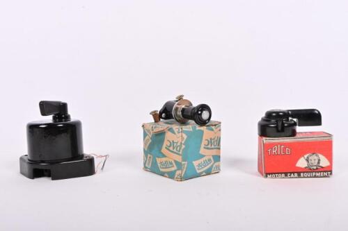 SWITCHES: A group of three new old stock switches. TRICO two-way switch, WIPAC&nbsp;illuminated pull switch, LUCAS two-way indicator switch. Circa 1940's/1950's