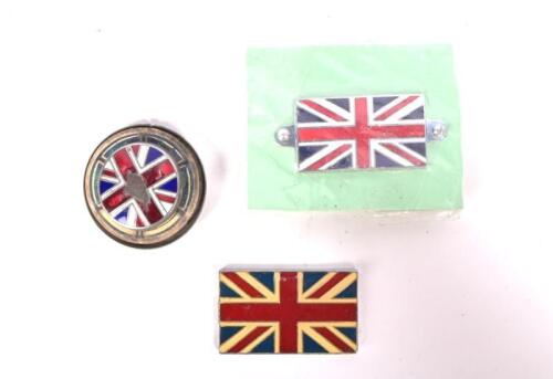 UNION JACK: Three Union Jack enamelled badges, one new the other affixed to a 1932 Royal Automobile Club membership plaque