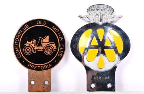 SOUTH AFRICA: Two South African badges including AA and Oumotorklub Old Motor Car, Pretoria
