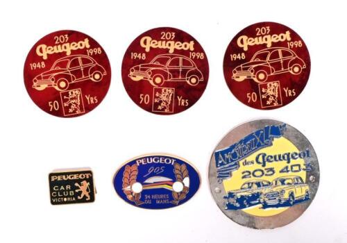 PEUGEOT: Four Peugeot related items. Peugeot 203 badges, Peugeot 905 Le Mans badge