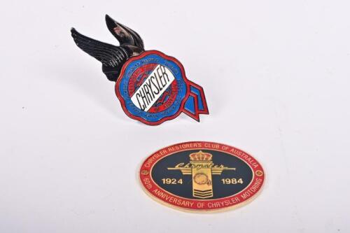 CHRYSLER: Two CHRYSLER RESTORERS CLUB OF AUSTRALIA&nbsp;badges. 60th Anniversary of Chrysler Motoring commemorative badge & winged&nbsp;'CHRYSLER' grill badge