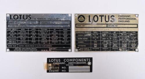 LOTUS: Three Lotus identification plates. Two plates for unit numbers 'SB1569' and '5296'