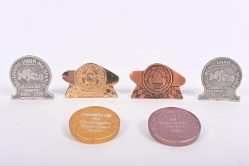 HISTORIC RACING: Six medallions associated with historic motor racing. 'SANDOWN HISTORICS 1985 - Donnington High Speed Trial' & 'Historic Racing Register South Australia' medallions