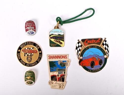 HISTORIC RACING: Six badges associated with historic racing. 'GEELONG SPEED TRIALS V.S.C.C' 1988, 1999', 'Castrol PHILLIP ISLAND CLASSIC, 1990' badges