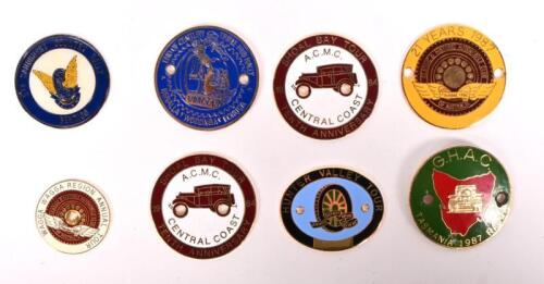 AUTOMOBILE CLUB: A group of eight brass badges concerned with car clubs and car rally's. A.C.M.C 1984 'SHOAL BAY TOUR, TENTH ANNIVERSARY' badges & 'HUNTER VALLEY TOUR' brass badge